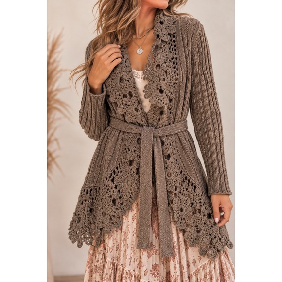 Kessley Sweaters - KESSLEY Brown Ribbed Knit Crochet Lace Trim Belted Cardigan Sweater S/M boho